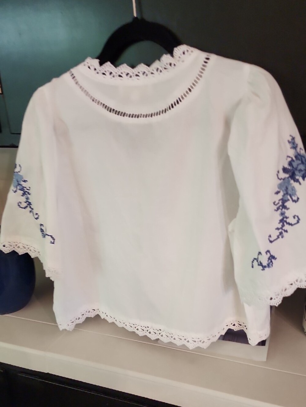 Joie White Embroidered Lace-Trim Peasant Blouse with Blue Floral Stitching - Picture 6 of 9